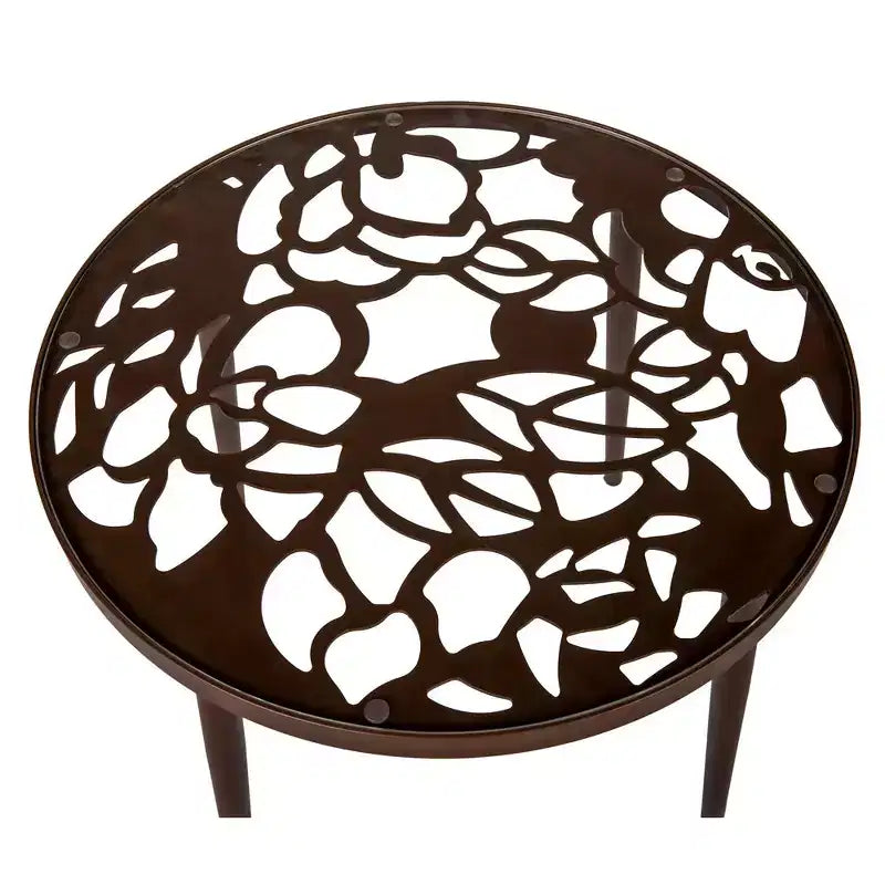 LeisureMod Devon Set da pranzo da esterno in alluminio a 3 pezzi con tavolo con piano in vetro temperato e 2 sedie impilabili con design floreale