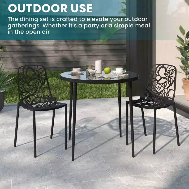 LeisureMod Devon Set da pranzo da esterno in alluminio a 3 pezzi con tavolo con piano in vetro temperato e 2 sedie impilabili con design floreale