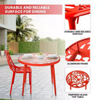 LeisureMod Devon Set da pranzo da esterno in alluminio a 3 pezzi con tavolo con piano in vetro temperato e 2 sedie impilabili con design floreale