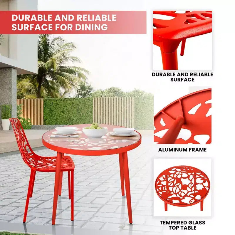 LeisureMod Devon Set da pranzo da esterno in alluminio a 3 pezzi con tavolo con piano in vetro temperato e 2 sedie impilabili con design floreale