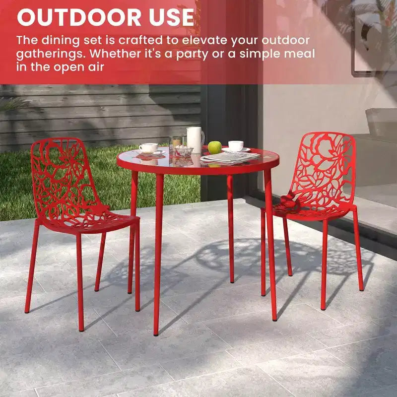 LeisureMod Devon Set da pranzo da esterno in alluminio a 3 pezzi con tavolo con piano in vetro temperato e 2 sedie impilabili con design floreale