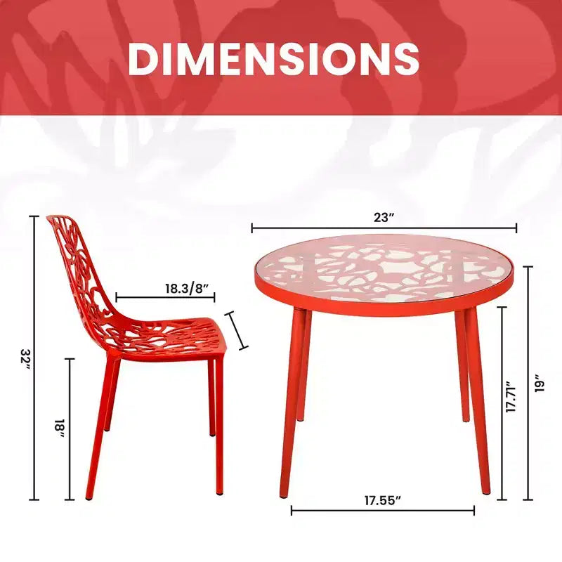 LeisureMod Devon Set da pranzo da esterno in alluminio a 3 pezzi con tavolo con piano in vetro temperato e 2 sedie impilabili con design floreale