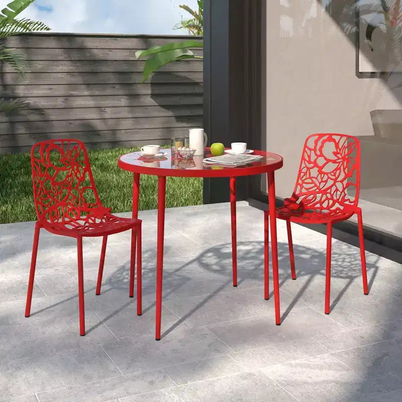 LeisureMod Devon Set da pranzo da esterno in alluminio a 3 pezzi con tavolo con piano in vetro temperato e 2 sedie impilabili con design floreale