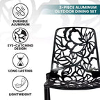 LeisureMod Devon Set da pranzo da esterno in alluminio a 3 pezzi con tavolo con piano in vetro temperato e 2 sedie impilabili con design floreale