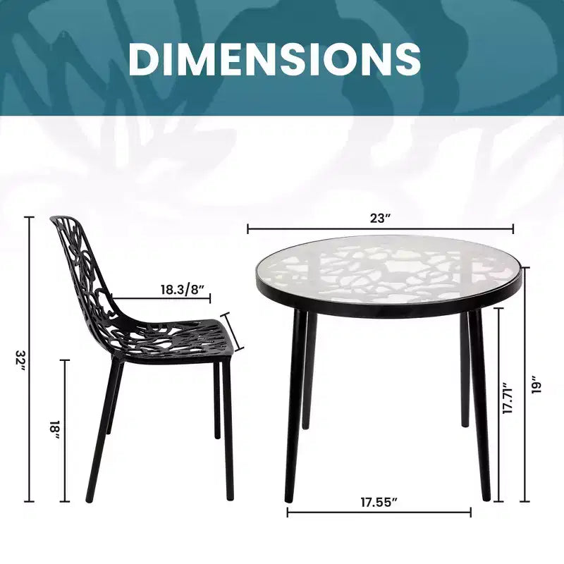 LeisureMod Devon Set da pranzo da esterno in alluminio a 3 pezzi con tavolo con piano in vetro temperato e 2 sedie impilabili con design floreale