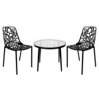 LeisureMod Devon 3-Piece Aluminum Outdoor Patio Dining Set with Tempered Glass Top Table and 2 Stackable Flower Design Chairs