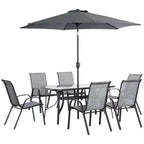 Outsunny Set di mobili da giardino da 8 pezzi con ombrellone, tavolo e sedie da pranzo per esterni, 6 sedie, parasole inclinabile con pulsante e manovella, piano in vetro