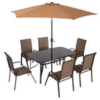 Outsunny Set di mobili da giardino da 8 pezzi con ombrellone, tavolo e sedie da pranzo per esterni, 6 sedie, parasole inclinabile con pulsante e manovella, piano in vetro
