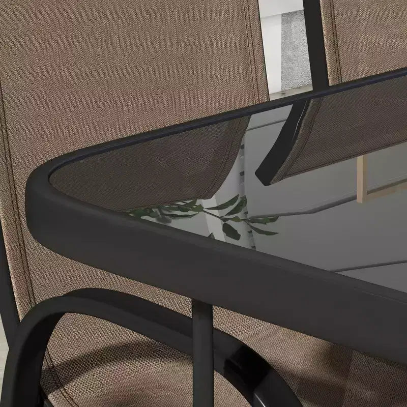 Outsunny Set di mobili da giardino da 8 pezzi con ombrellone, tavolo e sedie da pranzo per esterni, 6 sedie, parasole inclinabile con pulsante e manovella, piano in vetro