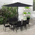 Outsunny Set di mobili da giardino da 8 pezzi con ombrellone, tavolo e sedie da pranzo per esterni, 6 sedie, parasole inclinabile con pulsante e manovella, piano in vetro