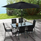 Outsunny Set di mobili da giardino da 8 pezzi con ombrellone, tavolo e sedie da pranzo per esterni, 6 sedie, parasole inclinabile con pulsante e manovella, piano in vetro