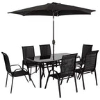 Outsunny Set di mobili da giardino da 8 pezzi con ombrellone, tavolo e sedie da pranzo per esterni, 6 sedie, parasole inclinabile con pulsante e manovella, piano in vetro