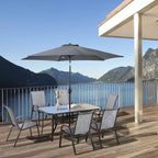 Outsunny Set di mobili da giardino da 8 pezzi con ombrellone, tavolo e sedie da pranzo per esterni, 6 sedie, parasole inclinabile con pulsante e manovella, piano in vetro