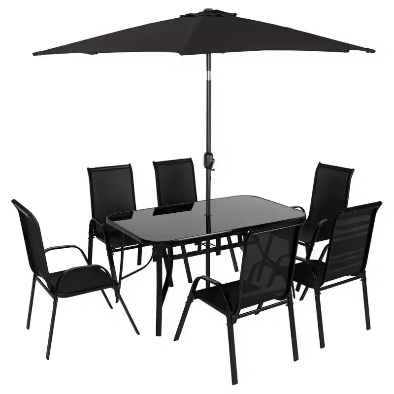 Outsunny 8 Piece Patio Furniture Set with Umbrella, Outdoor Dining Table and Chairs, 6 Chairs, Push Button Tilt and Crank Parasol, Glass Top