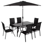 Outsunny 8 Piece Patio Furniture Set with Umbrella, Outdoor Dining Table and Chairs, 6 Chairs, Push Button Tilt and Crank Parasol, Glass Top