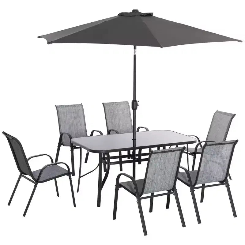 Outsunny Ensemble de Meubles de Jardin 8 Pièces avec Parasol, Table et Chaises de Salle à Manger d'Extérieur, 6 Chaises, Parasol Inclinable à Bouton-Poussoir et Manivelle, Plateau en Verre