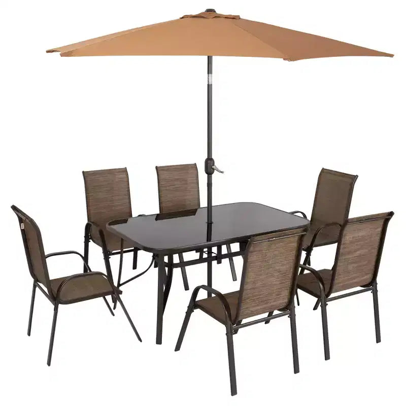 Outsunny Ensemble de Meubles de Jardin 8 Pièces avec Parasol, Table et Chaises de Salle à Manger d'Extérieur, 6 Chaises, Parasol Inclinable à Bouton-Poussoir et Manivelle, Plateau en Verre