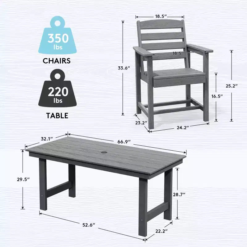 Set da pranzo da esterno Hyleory 7 pezzi, tavolo rettangolare da 170 cm con foro per ombrellone e 6 sedie