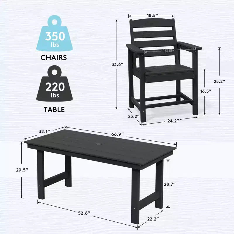 Set da pranzo da esterno Hyleory 7 pezzi, tavolo rettangolare da 170 cm con foro per ombrellone e 6 sedie