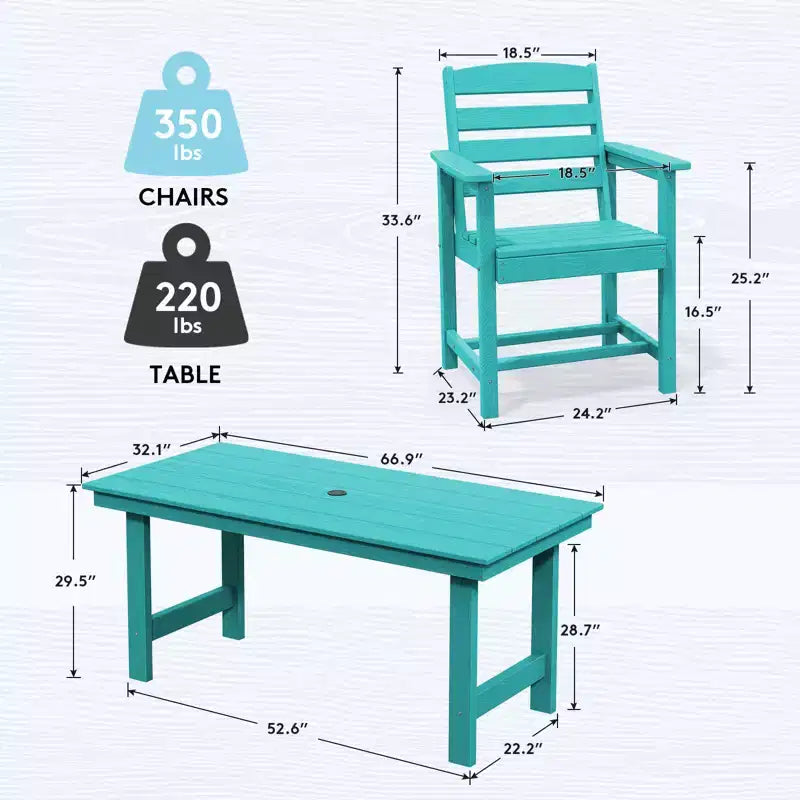 Set da pranzo da esterno Hyleory 7 pezzi, tavolo rettangolare da 170 cm con foro per ombrellone e 6 sedie