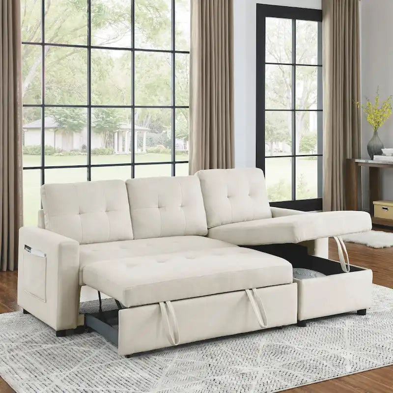 MH 78.5 Sleeper Sofa Bed Reversible Sectional Couch with Storage Chaise and Side storage bag for Small Space Living Room Furnit