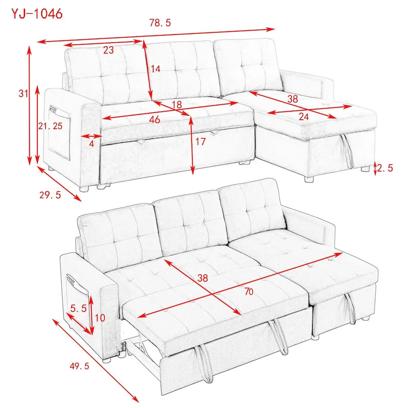 MH 78,5 Canapé-lit convertible réversible avec chaise longue de rangement et sac de rangement latéral pour petit salon