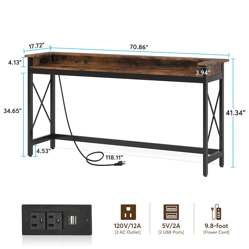 Divano Tavolo con prese e porte USB, Tavolo Console da Ingresso Lungo 70.9 pollici
