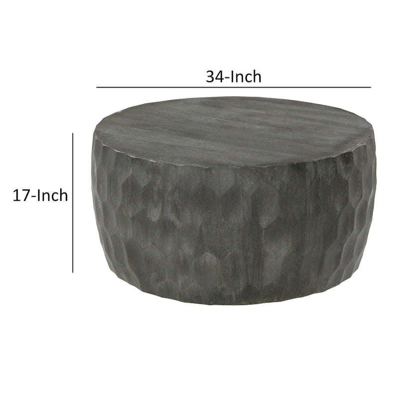 Tavolino da Caffè Rotondo in Legno da 33 Pollici con Motivo Geometrico Intagliato, Grigio