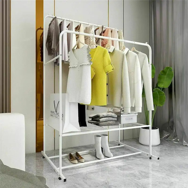 Stand per abiti con rotelle, appendiabiti in metallo, scaffale