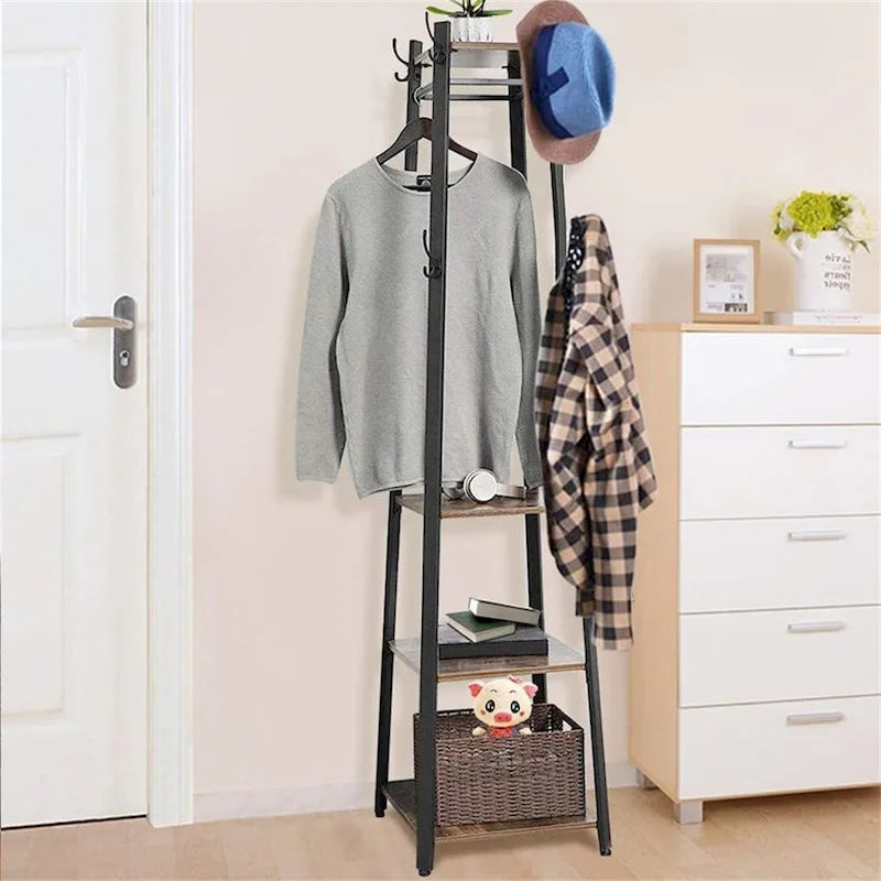 Porte-manteau autoportant à 8 crochets avec étagères de rangement pour entrée/vestibule - 17x17x71.3 pouces
