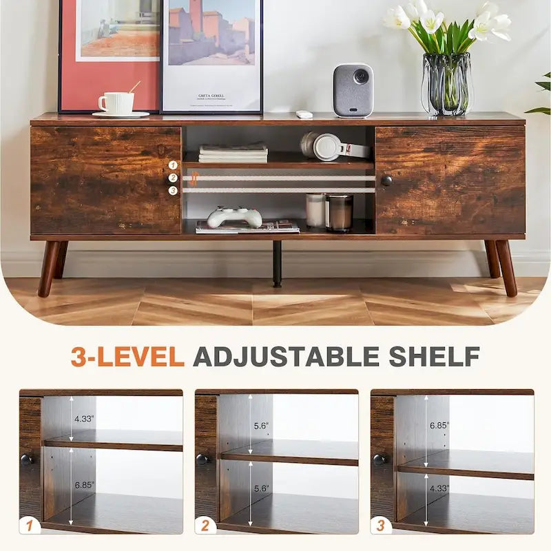 Meuble TV pour téléviseur 55 60 pouces, Meuble TV avec placard de rangement, Table console média de style moderne du milieu du siècle, Charnière réglable