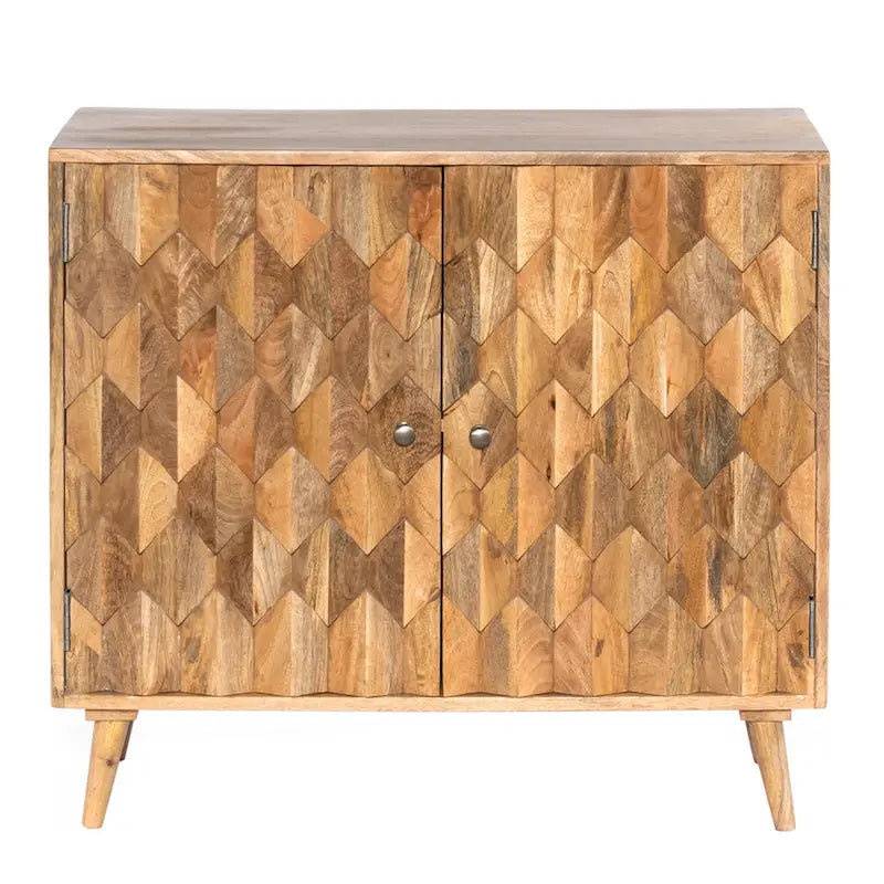 Meuble d'appoint artisanal de 91 cm, 2 portes incrustées en nid d'abeille, bois de manguier, marron naturel