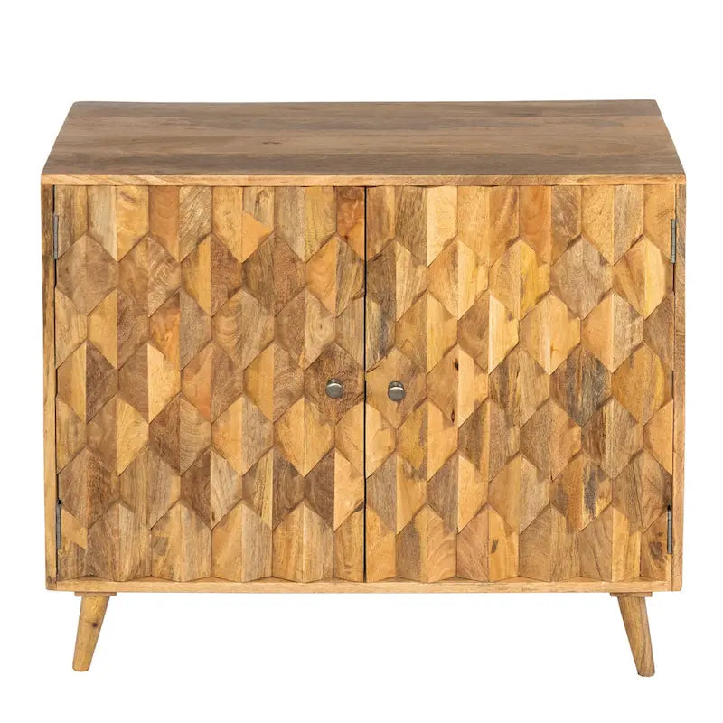 Meuble d'appoint artisanal de 91 cm, 2 portes incrustées en nid d'abeille, bois de manguier, marron naturel