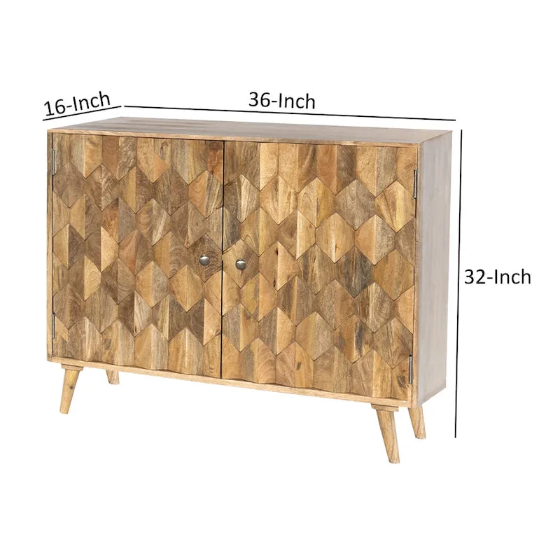 Meuble d'appoint artisanal de 91 cm, 2 portes incrustées en nid d'abeille, bois de manguier, marron naturel