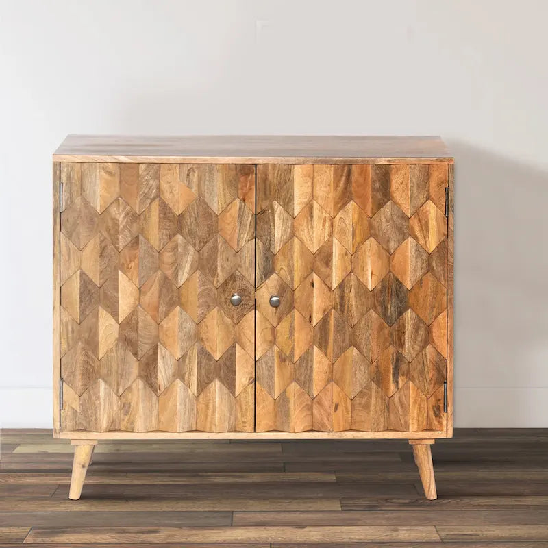 Meuble d'appoint artisanal de 91 cm, 2 portes incrustées en nid d'abeille, bois de manguier, marron naturel