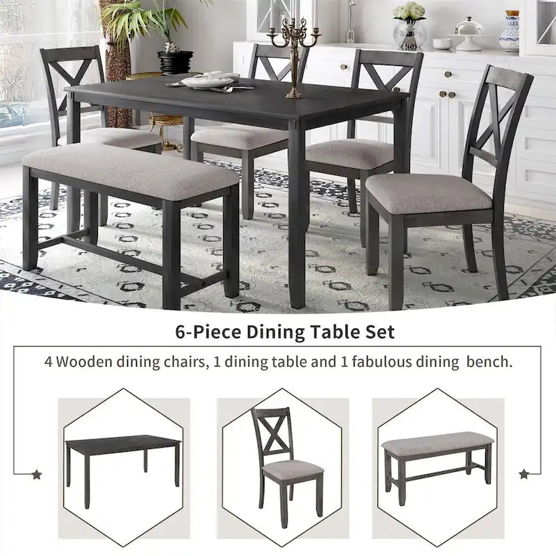 Ensemble de salle à manger 6 pièces Merax en bois avec banc et 4 chaises de salle à manger