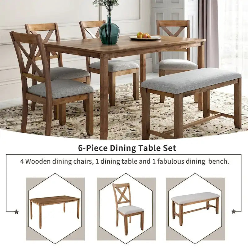 Ensemble de salle à manger 6 pièces Merax en bois avec banc et 4 chaises de salle à manger