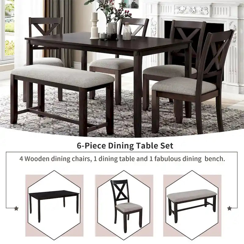 Ensemble de salle à manger 6 pièces Merax en bois avec banc et 4 chaises de salle à manger
