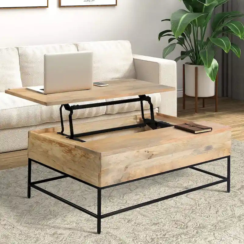 Tavolino da caffè rettangolare Audrey in legno di mango da 45 pollici con piano sollevabile - Legno e metallo, marrone naturale e nero