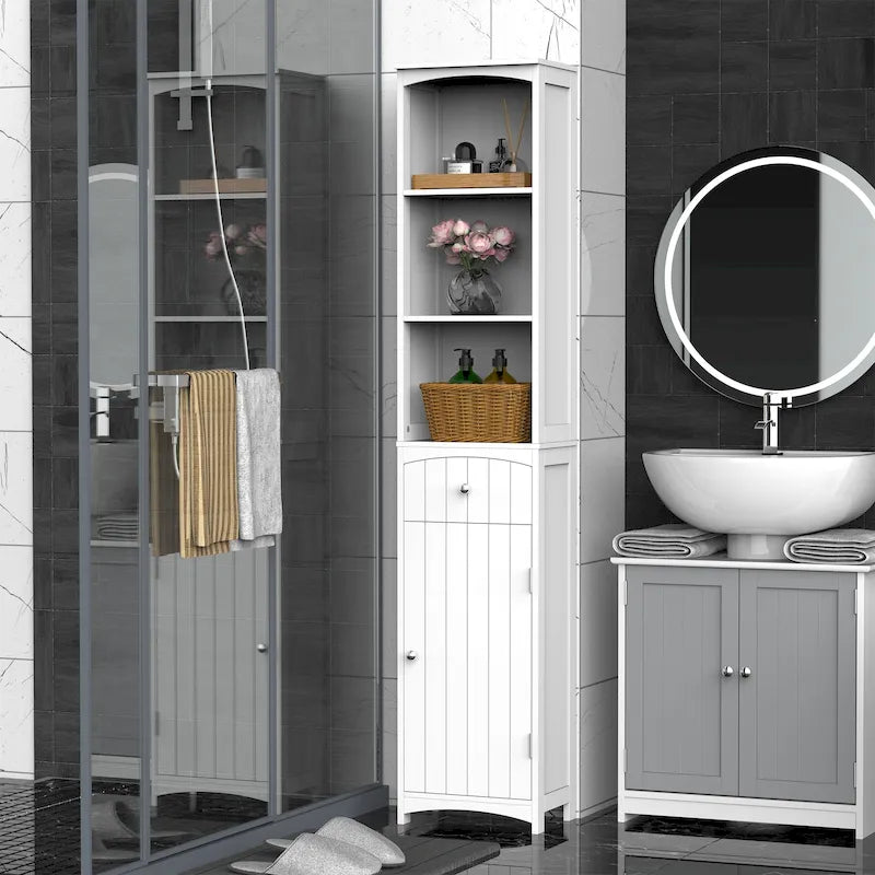 HOMCOM Armadietto da Bagno Salvaspazio Verticale 170cm, Colonna Bagno Alta con 3 Ripiani a Scomparti, Mobile Salvaspazio Stretto, Bianco