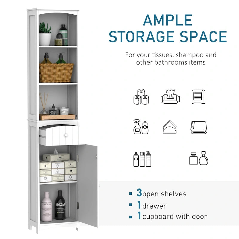 HOMCOM Armadietto da Bagno Salvaspazio Verticale 170cm, Colonna Bagno Alta con 3 Ripiani a Scomparti, Mobile Salvaspazio Stretto, Bianco