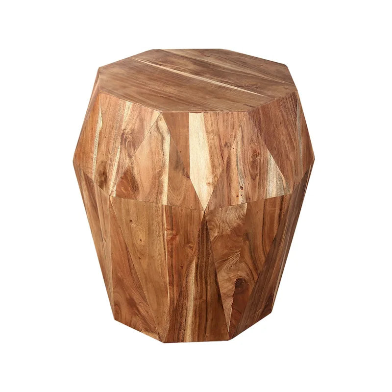 Table d'appoint artisanale Bon 22 pouces, bois d'acacia massif multifacette, plateau octogonal, marron naturel