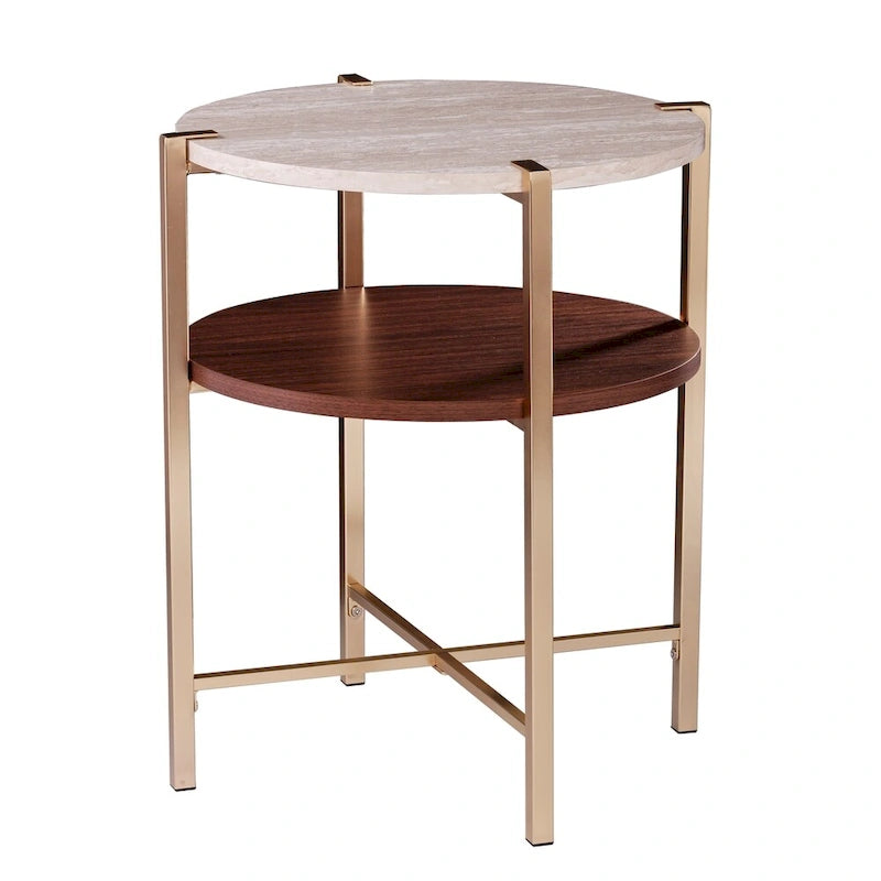 Tavolino rotondo moderno SEI Furniture Aldea con ripiano effetto marmo e ripiano in legno effetto legno