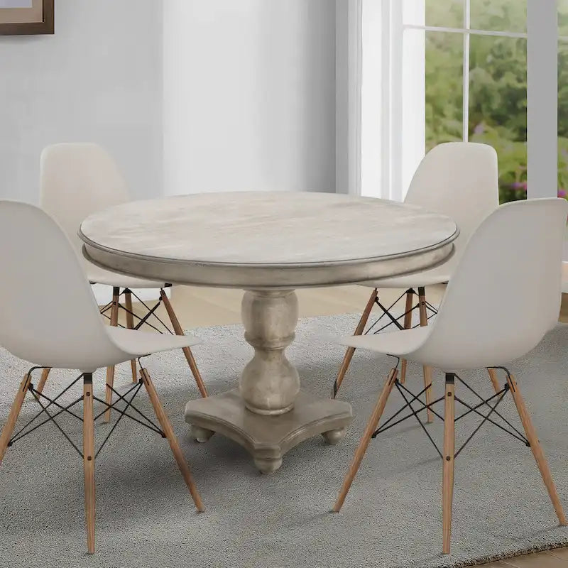 Table à manger 42 po, en bois de mangue fait à la main, piédestal, plateau moulé rond, blanc délavé, gris