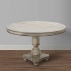 Table à manger 42 po, en bois de mangue fait à la main, piédestal, plateau moulé rond, blanc délavé, gris