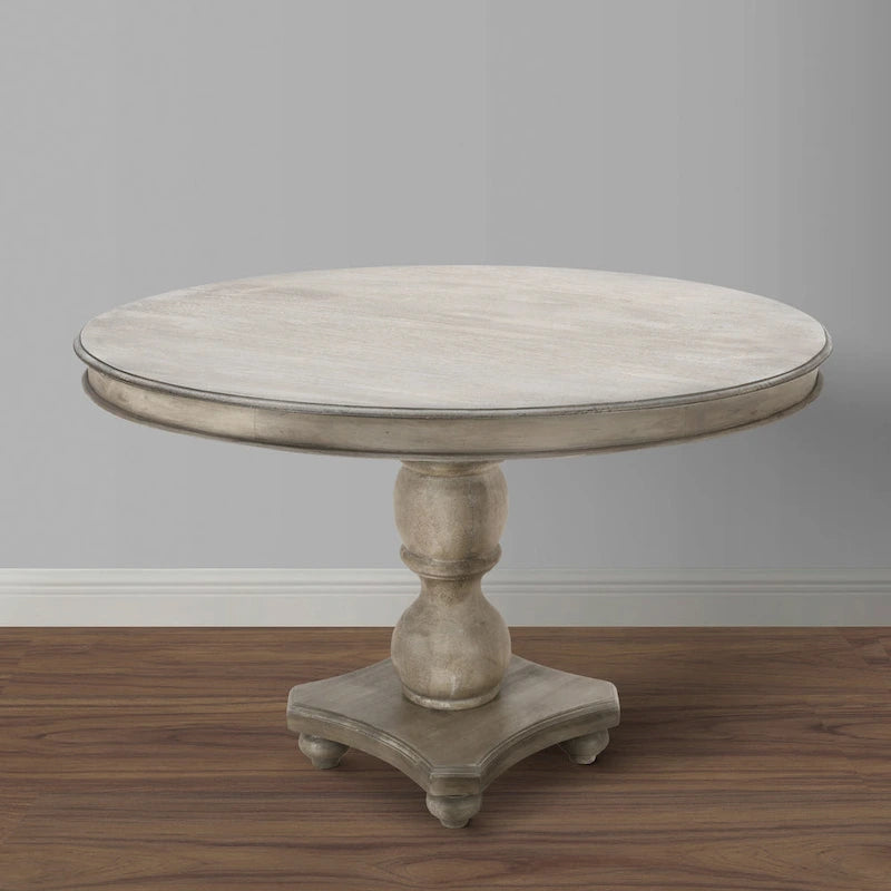 Table à manger 42 po, en bois de mangue fait à la main, piédestal, plateau moulé rond, blanc délavé, gris