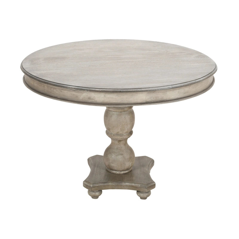 Table à manger 42 po, en bois de mangue fait à la main, piédestal, plateau moulé rond, blanc délavé, gris