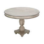 Table à manger 42 po, en bois de mangue fait à la main, piédestal, plateau moulé rond, blanc délavé, gris