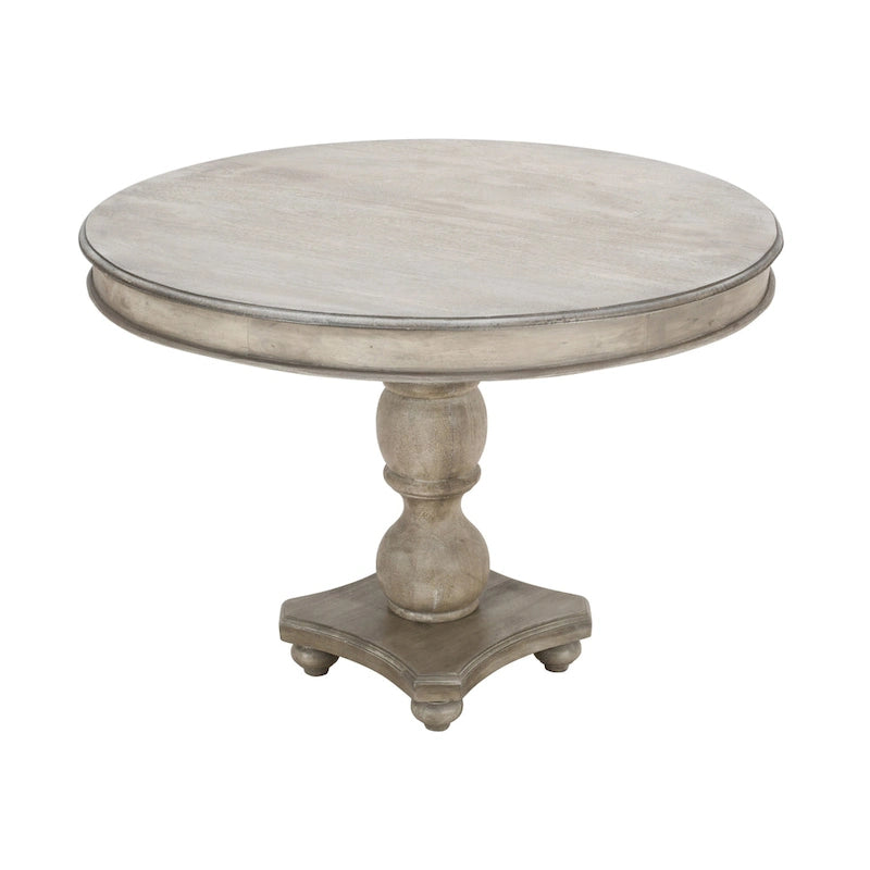 Table à manger 42 po, en bois de mangue fait à la main, piédestal, plateau moulé rond, blanc délavé, gris
