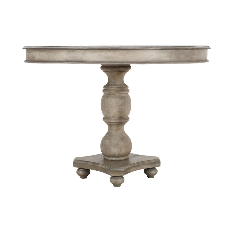 Table à manger 42 po, en bois de mangue fait à la main, piédestal, plateau moulé rond, blanc délavé, gris